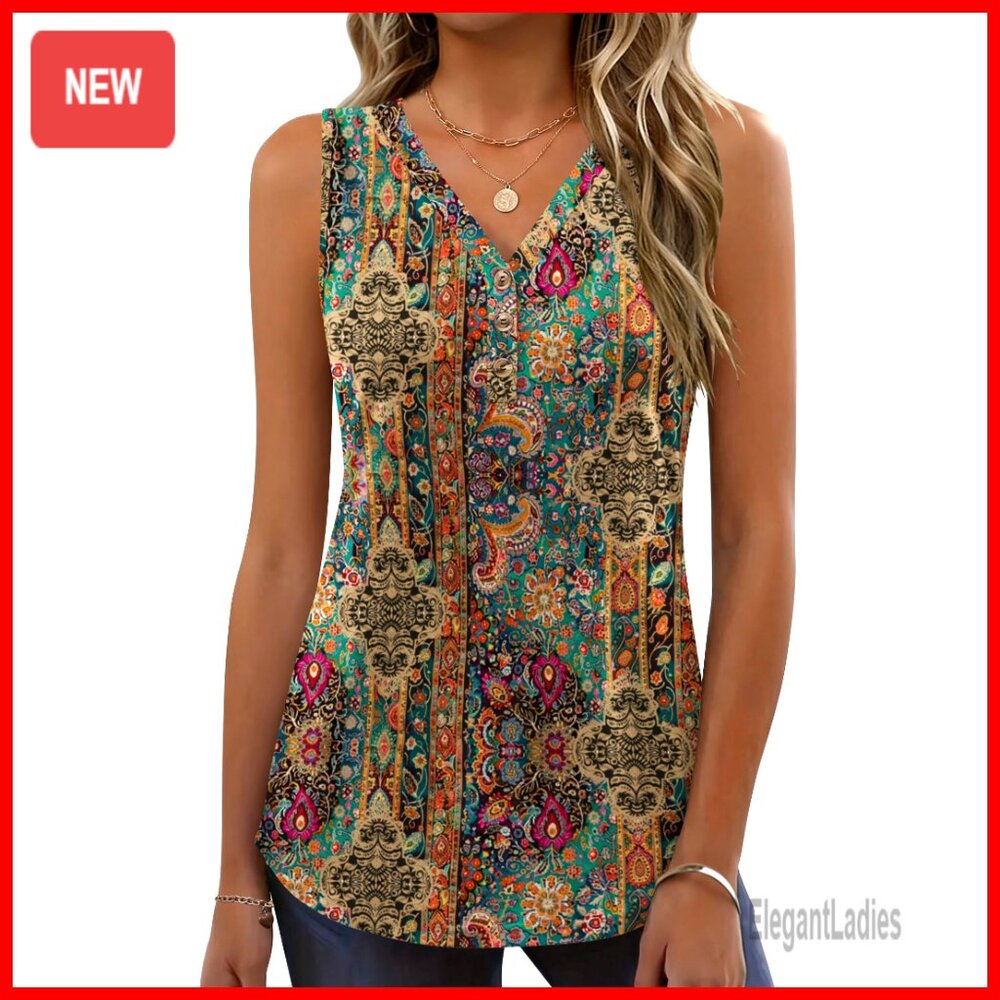 Loose Fit V-Neck Tank Top Henley Button Blouse Summer Casual